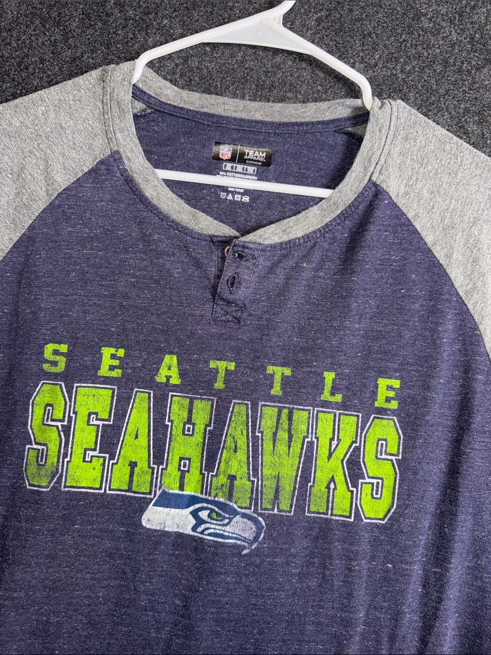 NFL Seattle Seahawks Long Sleeve Henley in Navy, Gray and Neon Green